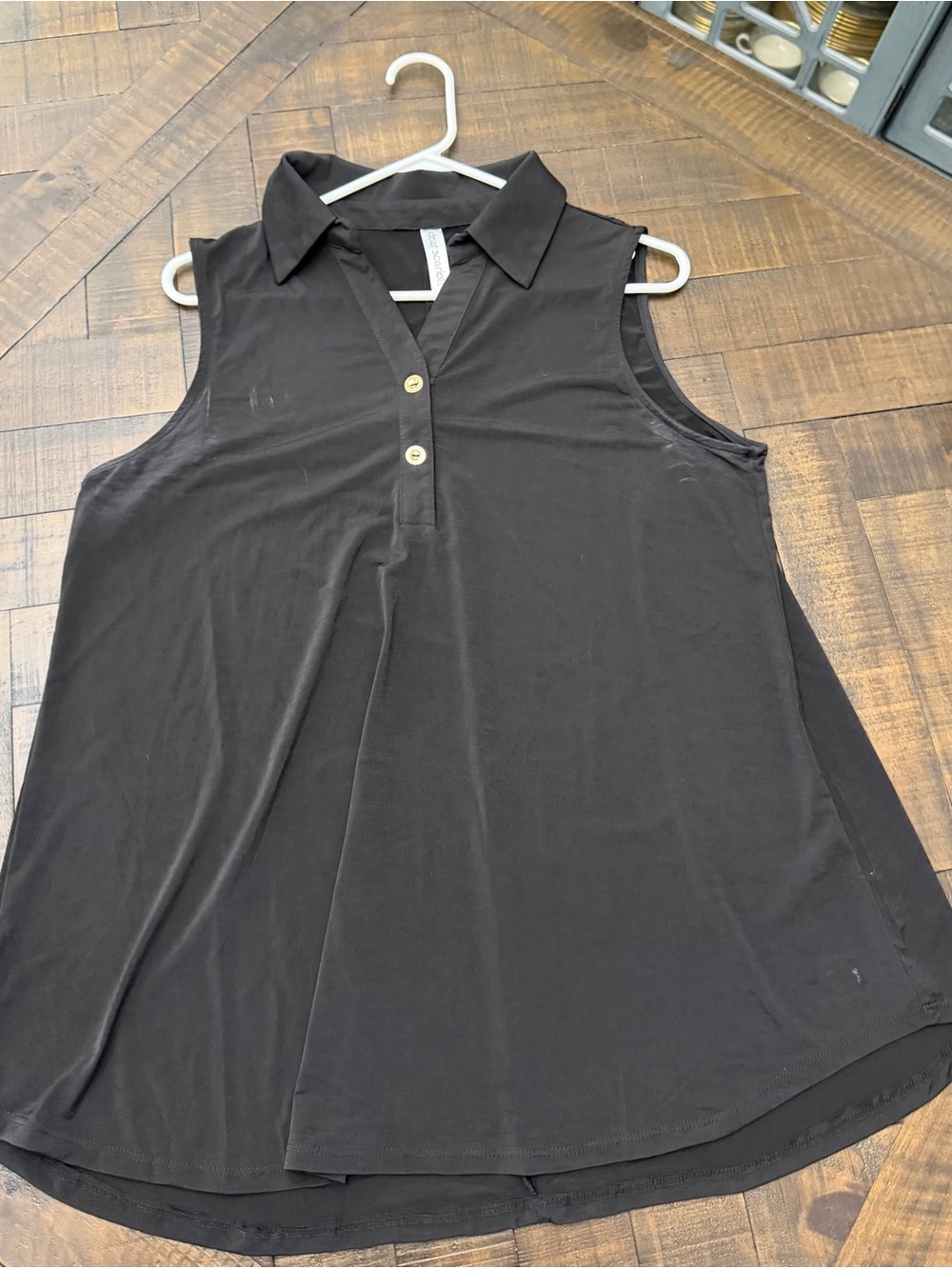 Black Sleeveless Polo Tank with Button Placket